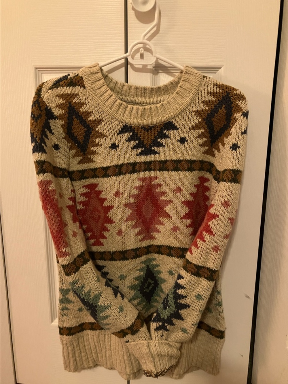 L.L. Bean Beige Crewneck Sweater with Red, Green & Navy Aztec Pattern